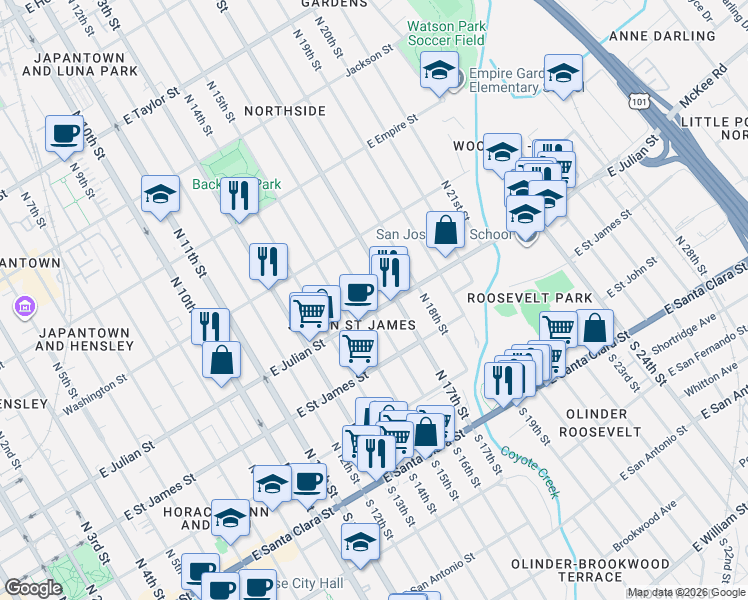 map of restaurants, bars, coffee shops, grocery stores, and more near in San Jose