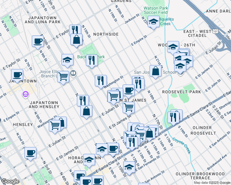 map of restaurants, bars, coffee shops, grocery stores, and more near 361 North 15th Street in San Jose