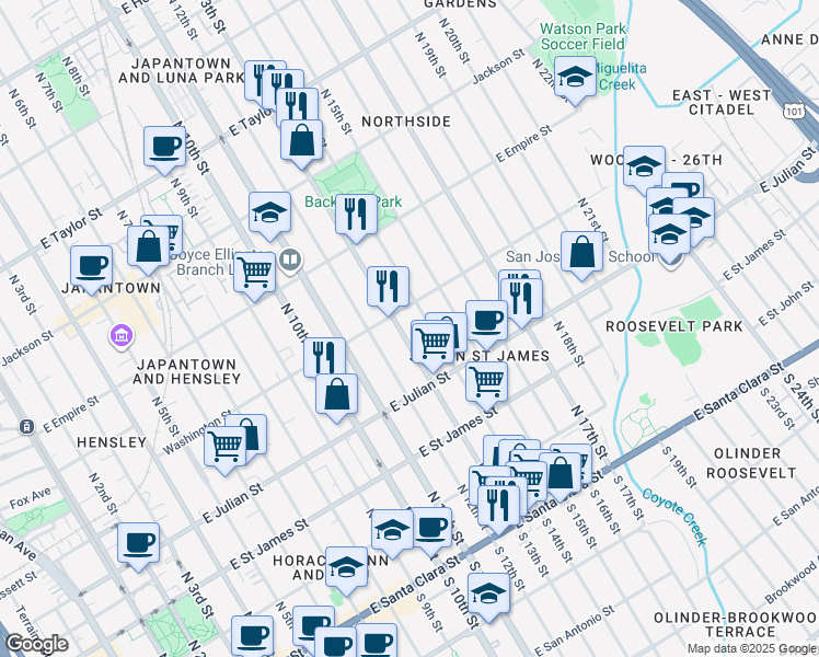 map of restaurants, bars, coffee shops, grocery stores, and more near 392 North 13th Street in San Jose