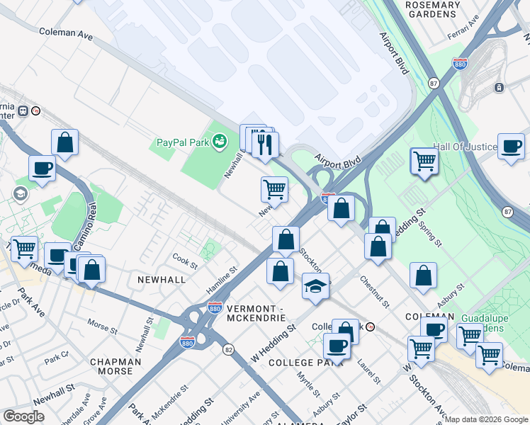 map of restaurants, bars, coffee shops, grocery stores, and more near 1098 Stockton Avenue in San Jose