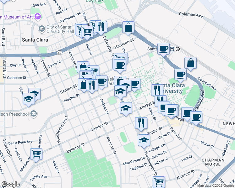 map of restaurants, bars, coffee shops, grocery stores, and more near 890 Washington Street in Santa Clara