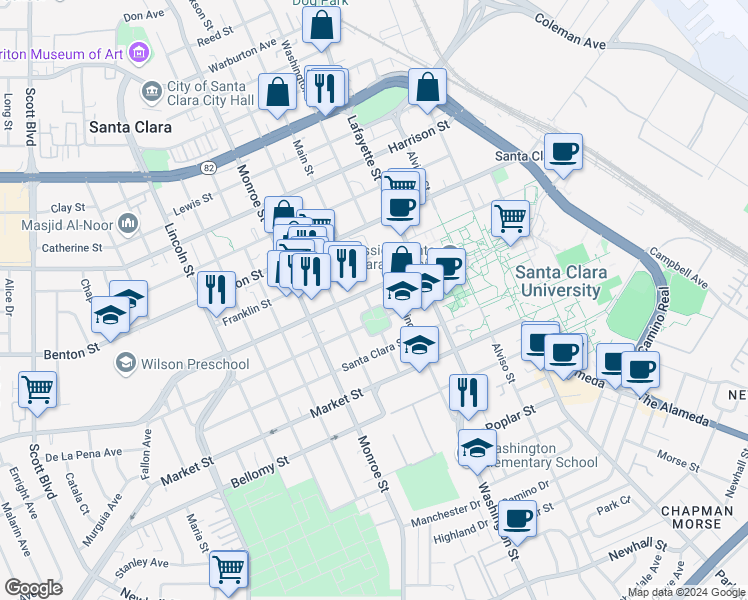 map of restaurants, bars, coffee shops, grocery stores, and more near in Santa Clara