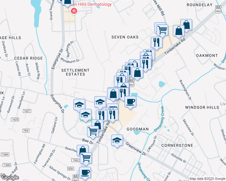 map of restaurants, bars, coffee shops, grocery stores, and more near 1100 Wood Road in Lynchburg