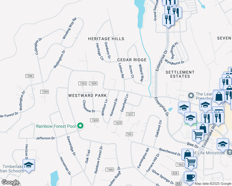 map of restaurants, bars, coffee shops, grocery stores, and more near 2008 Rainbow Forest Drive in Lynchburg