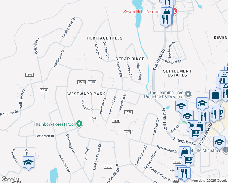map of restaurants, bars, coffee shops, grocery stores, and more near 2008 Rainbow Forest Drive in Lynchburg