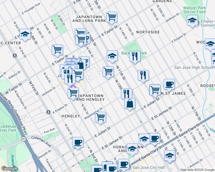 map of restaurants, bars, coffee shops, grocery stores, and more near 491 North 9th Street in San Jose