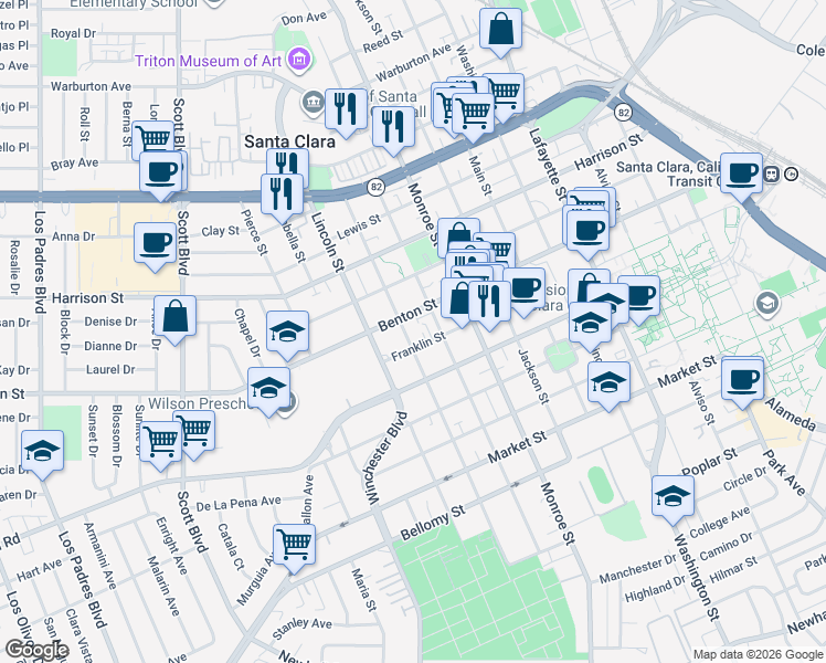 map of restaurants, bars, coffee shops, grocery stores, and more near 1080 Madison Street in Santa Clara
