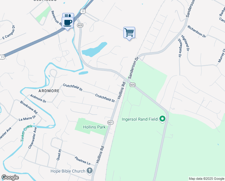 map of restaurants, bars, coffee shops, grocery stores, and more near 5917 Carolina Trail in Hollins