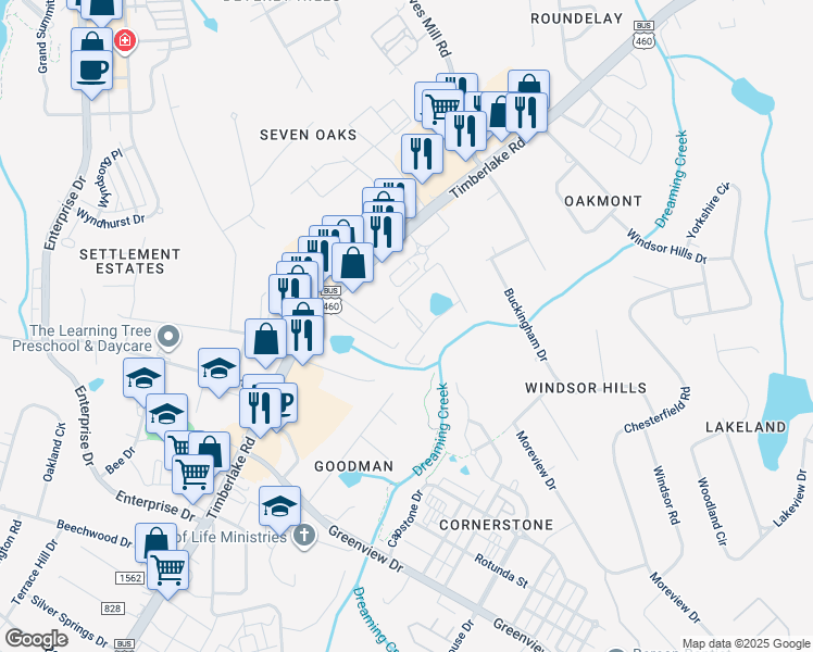 map of restaurants, bars, coffee shops, grocery stores, and more near 8022 Timberlake Road in Lynchburg