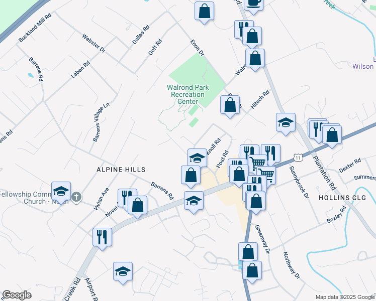 map of restaurants, bars, coffee shops, grocery stores, and more near 7528 Deer Branch Road in Roanoke