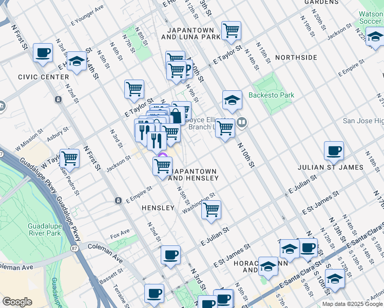 map of restaurants, bars, coffee shops, grocery stores, and more near 535 North 7th Street in San Jose