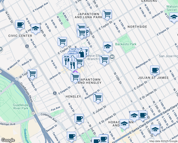 map of restaurants, bars, coffee shops, grocery stores, and more near 525 North 7th Street in San Jose
