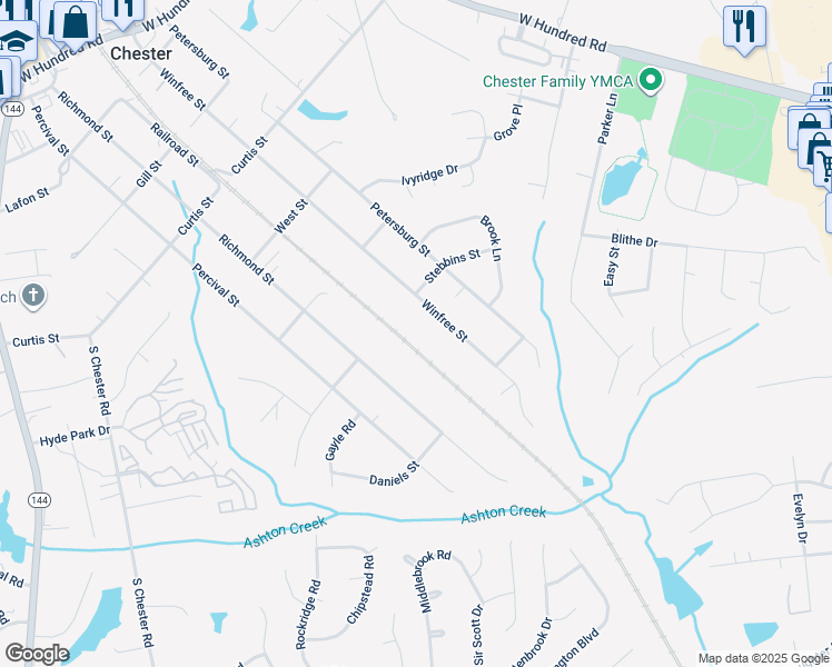 map of restaurants, bars, coffee shops, grocery stores, and more near 12617 Railroad Street in Chester