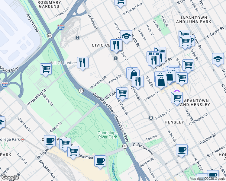 map of restaurants, bars, coffee shops, grocery stores, and more near North San Pedro Street in San Jose
