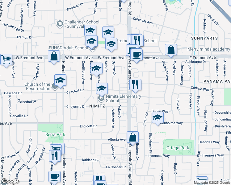 map of restaurants, bars, coffee shops, grocery stores, and more near 540 Cascade Drive in Sunnyvale