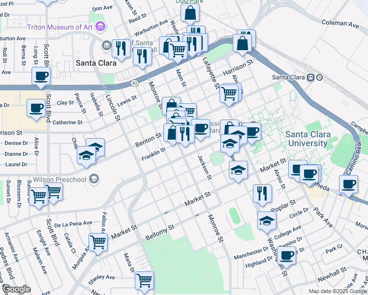 map of restaurants, bars, coffee shops, grocery stores, and more near 1200 Franklin Street in Santa Clara