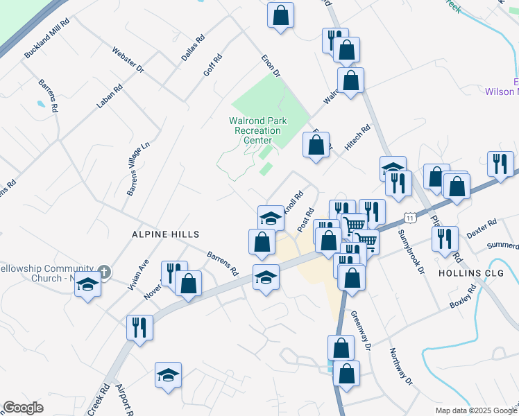 map of restaurants, bars, coffee shops, grocery stores, and more near 7528 Deer Branch Road in Roanoke