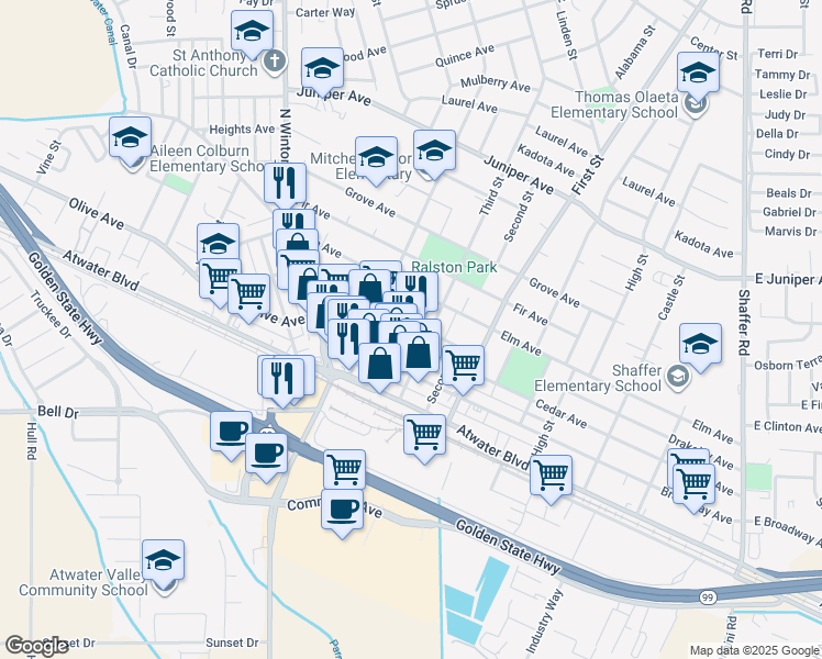 map of restaurants, bars, coffee shops, grocery stores, and more near 1270 Drakeley Avenue in Atwater