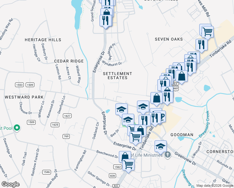 map of restaurants, bars, coffee shops, grocery stores, and more near 1318 Wood Road in Lynchburg