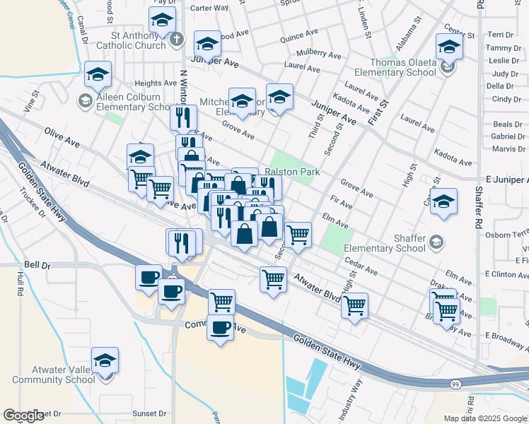 map of restaurants, bars, coffee shops, grocery stores, and more near 1270 Drakeley Avenue in Atwater