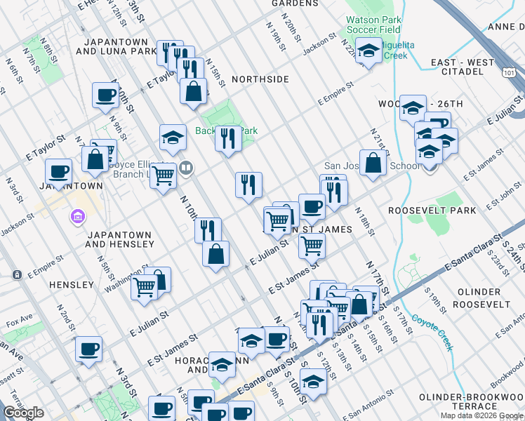 map of restaurants, bars, coffee shops, grocery stores, and more near 392 North 13th Street in San Jose