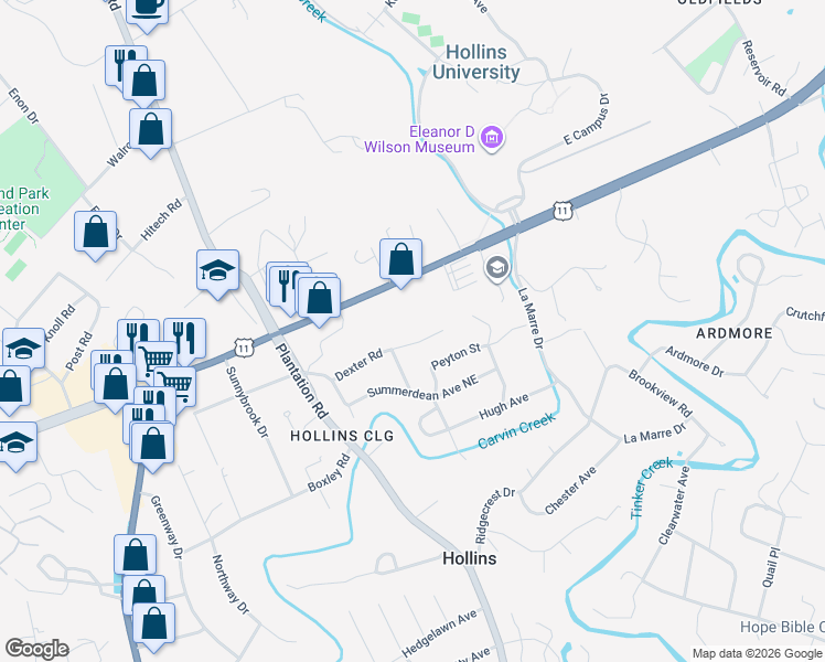 map of restaurants, bars, coffee shops, grocery stores, and more near 824 Dexter Road in Roanoke