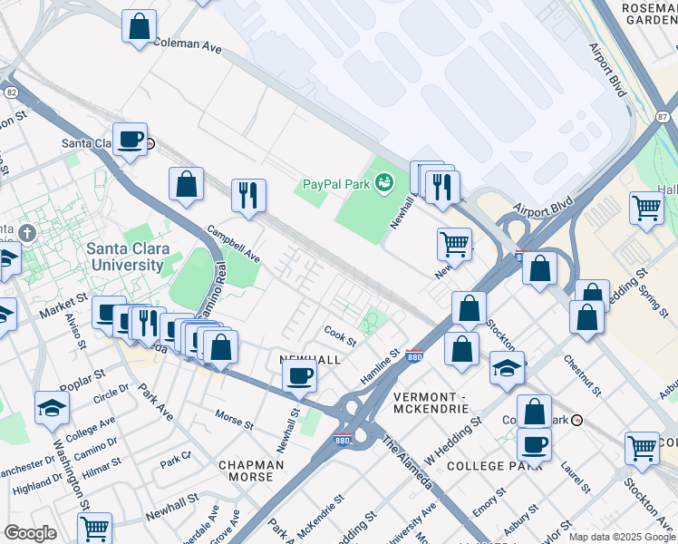 map of restaurants, bars, coffee shops, grocery stores, and more near 1314 De Altura Common in San Jose