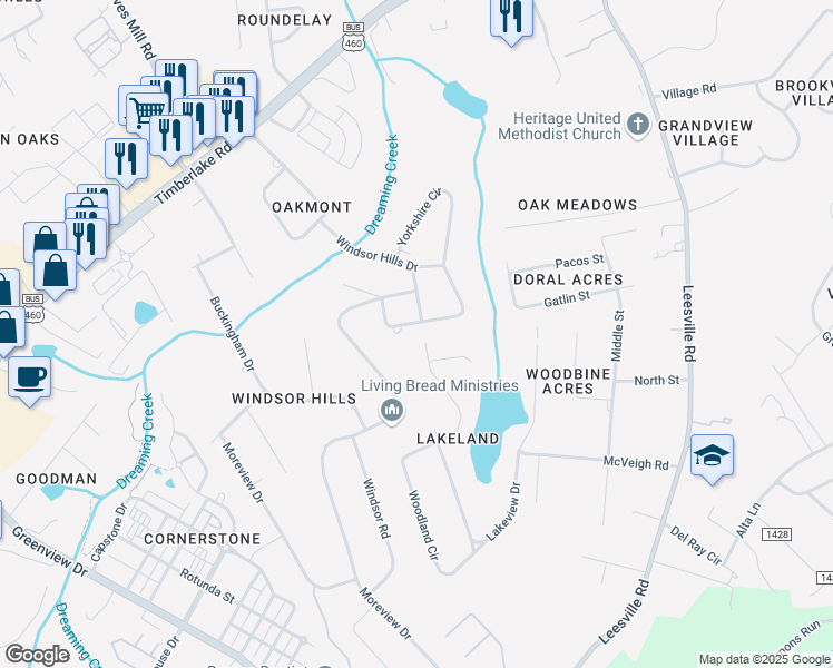 map of restaurants, bars, coffee shops, grocery stores, and more near 221 Nottingham Circle in Lynchburg