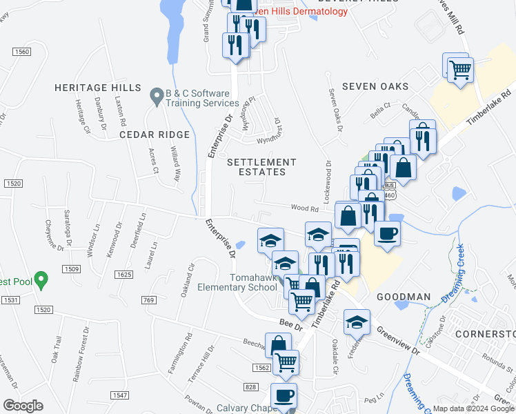 map of restaurants, bars, coffee shops, grocery stores, and more near 1327 Wood Road in Lynchburg