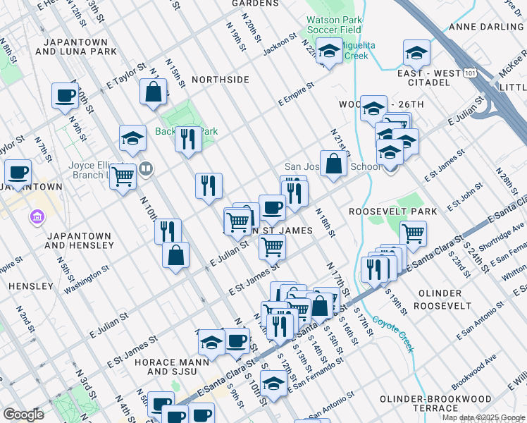 map of restaurants, bars, coffee shops, grocery stores, and more near 334 North 15th Street in San Jose
