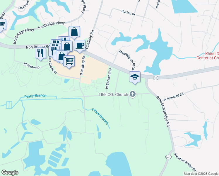 map of restaurants, bars, coffee shops, grocery stores, and more near 12408 East Booker Boulevard in Chester