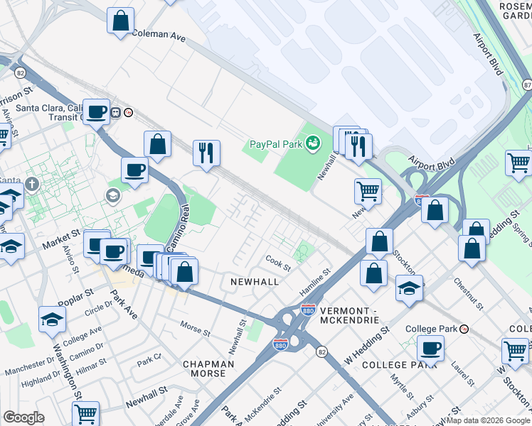map of restaurants, bars, coffee shops, grocery stores, and more near 1298 Dahlia Loop in San Jose