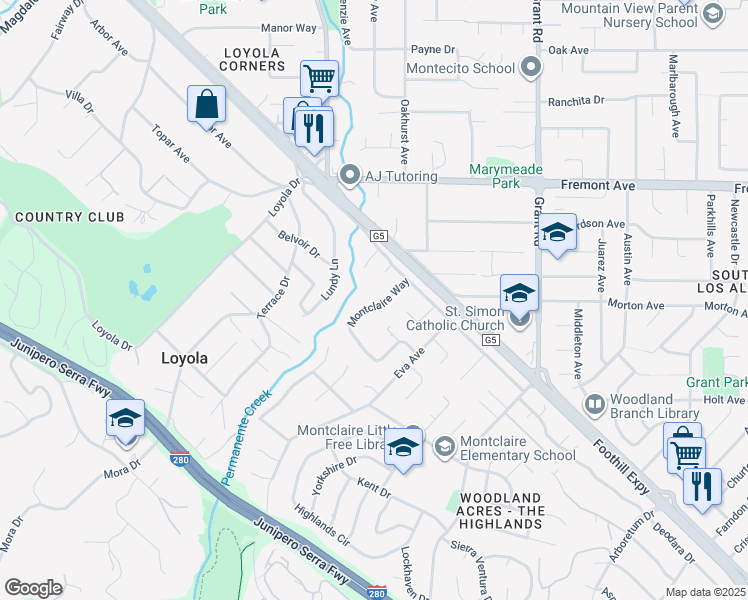 map of restaurants, bars, coffee shops, grocery stores, and more near 1250 Montclaire Way in Los Altos