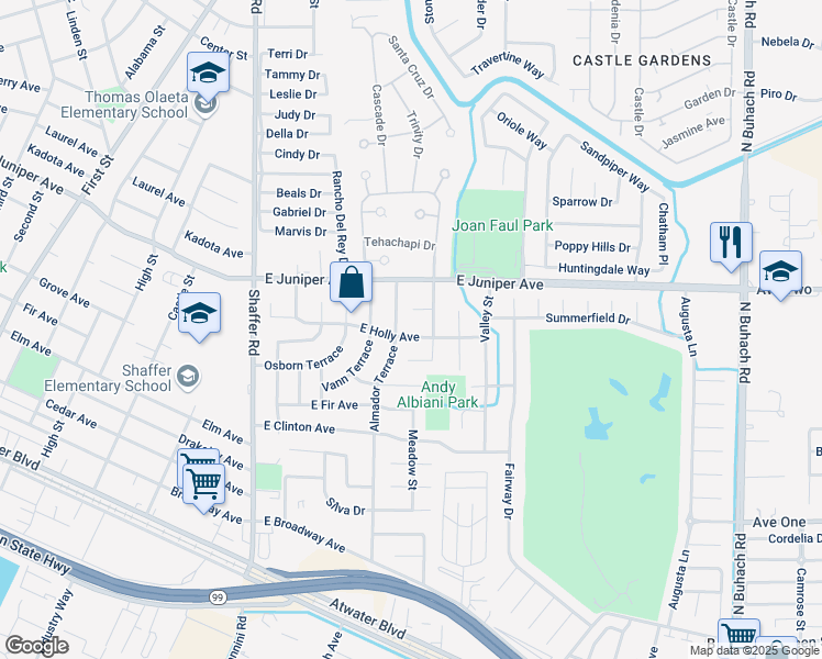 map of restaurants, bars, coffee shops, grocery stores, and more near 542 Curtis Court in Atwater