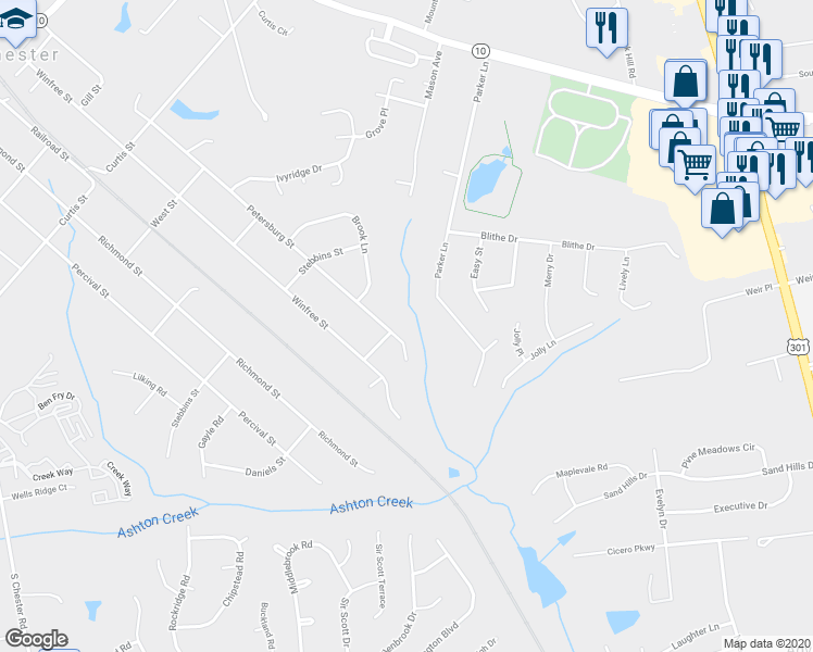 map of restaurants, bars, coffee shops, grocery stores, and more near 12701 Petersburg Street in Chester