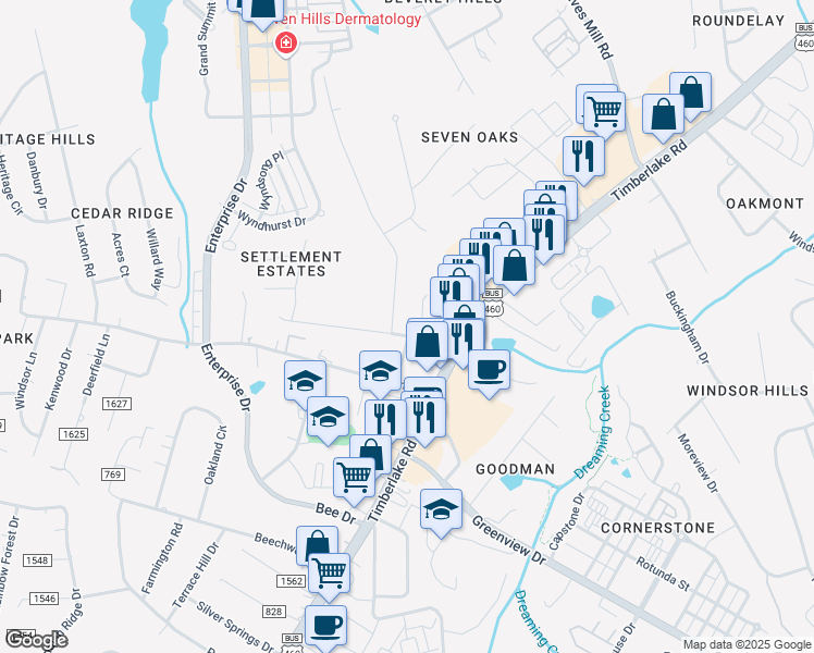 map of restaurants, bars, coffee shops, grocery stores, and more near 1100 Wood Road in Lynchburg