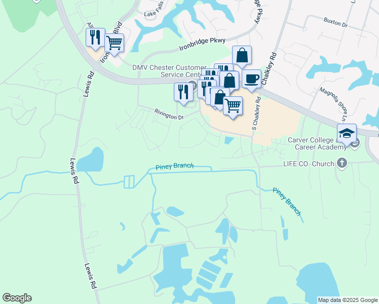 map of restaurants, bars, coffee shops, grocery stores, and more near 5812 Quiet Pine Circle in Chester