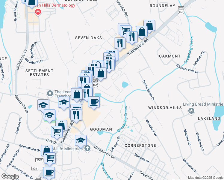 map of restaurants, bars, coffee shops, grocery stores, and more near 8022 Timberlake Road in Lynchburg