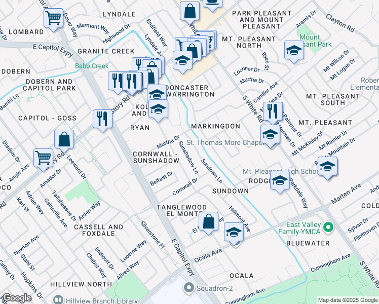 map of restaurants, bars, coffee shops, grocery stores, and more near 1401 Sundown Lane in San Jose