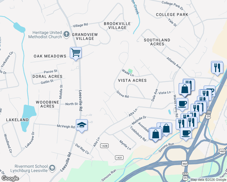 map of restaurants, bars, coffee shops, grocery stores, and more near 1213 Grove Road in Lynchburg