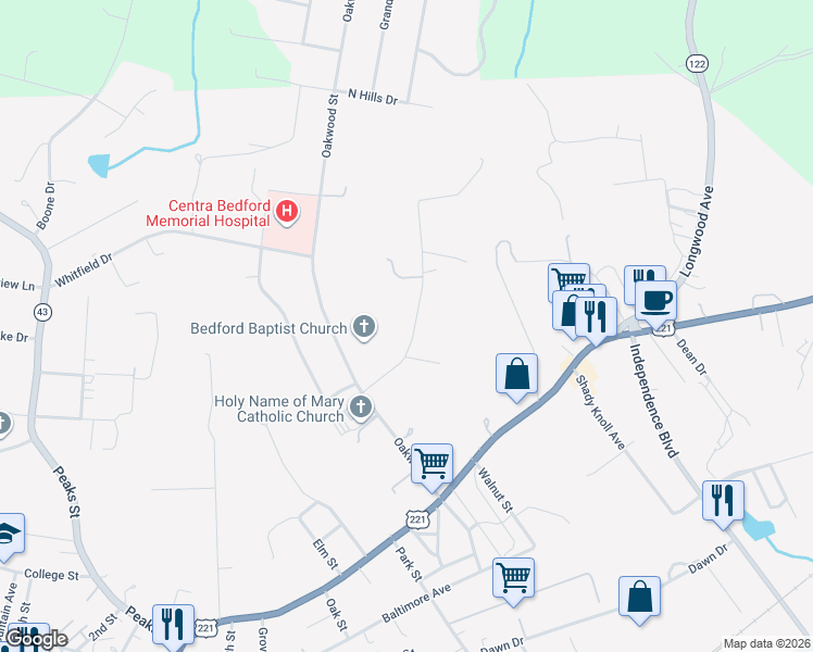 map of restaurants, bars, coffee shops, grocery stores, and more near 1515 Clearview Road in Bedford
