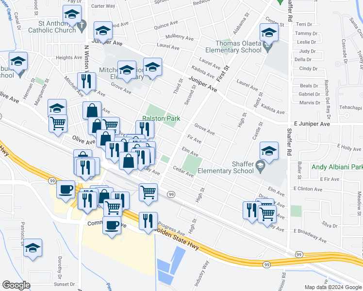 map of restaurants, bars, coffee shops, grocery stores, and more near 1401 First Street in Atwater