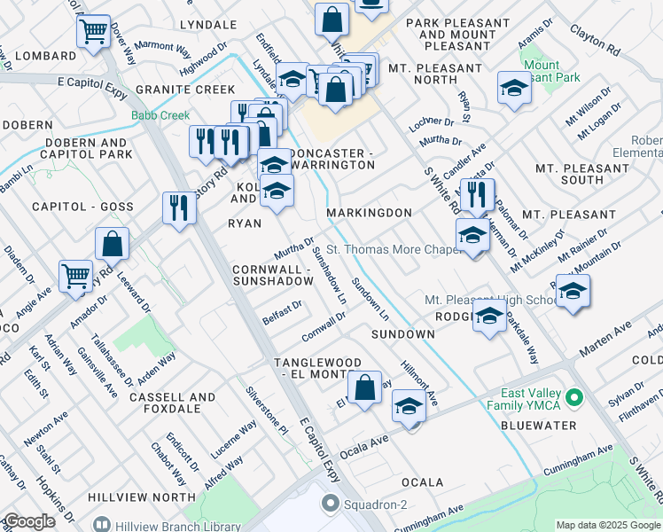map of restaurants, bars, coffee shops, grocery stores, and more near 1401 Sundown Lane in San Jose
