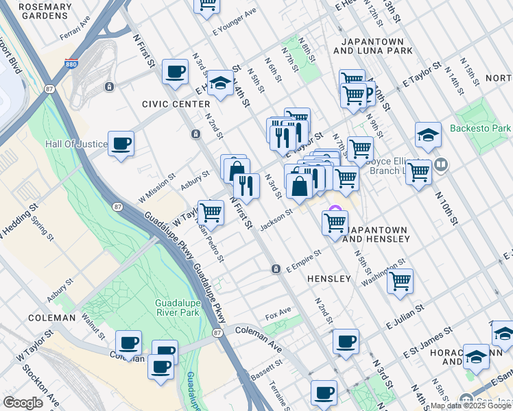 map of restaurants, bars, coffee shops, grocery stores, and more near 662 North 1st Street in San Jose