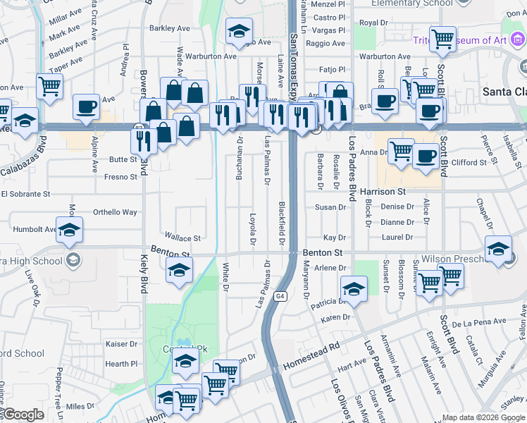 map of restaurants, bars, coffee shops, grocery stores, and more near 1247 Loyola Drive in Santa Clara