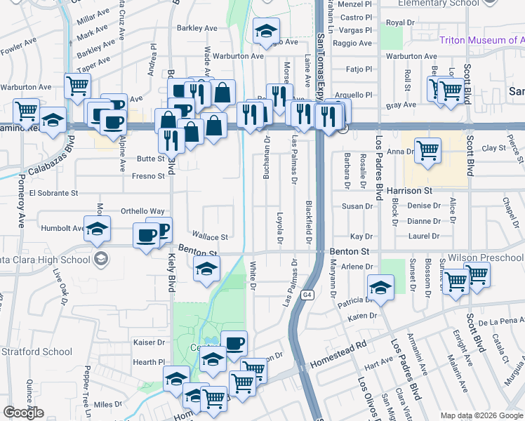 map of restaurants, bars, coffee shops, grocery stores, and more near 1237 White Drive in Santa Clara