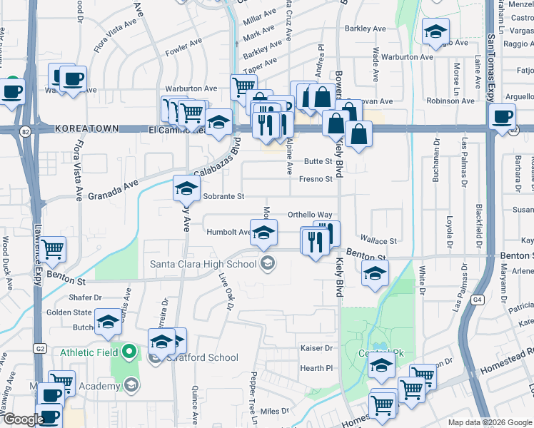 map of restaurants, bars, coffee shops, grocery stores, and more near 3063 Orthello Way in Santa Clara