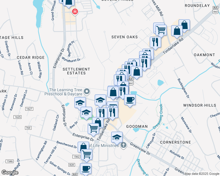 map of restaurants, bars, coffee shops, grocery stores, and more near 1100 Wood Road in Lynchburg