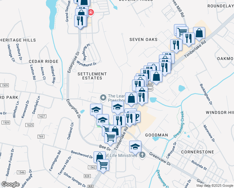 map of restaurants, bars, coffee shops, grocery stores, and more near 1204 Wood Road in Lynchburg