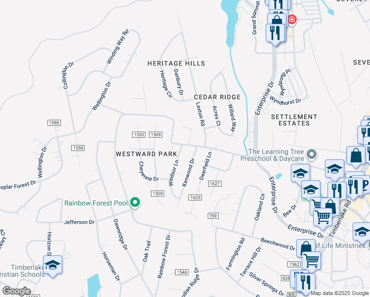 map of restaurants, bars, coffee shops, grocery stores, and more near 271 Windsor Lane in Lynchburg
